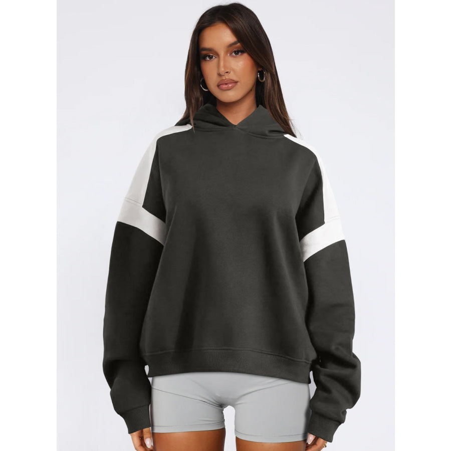 Contrast Dropped Shoulder Long Sleeve Hoodie Apparel and Accessories