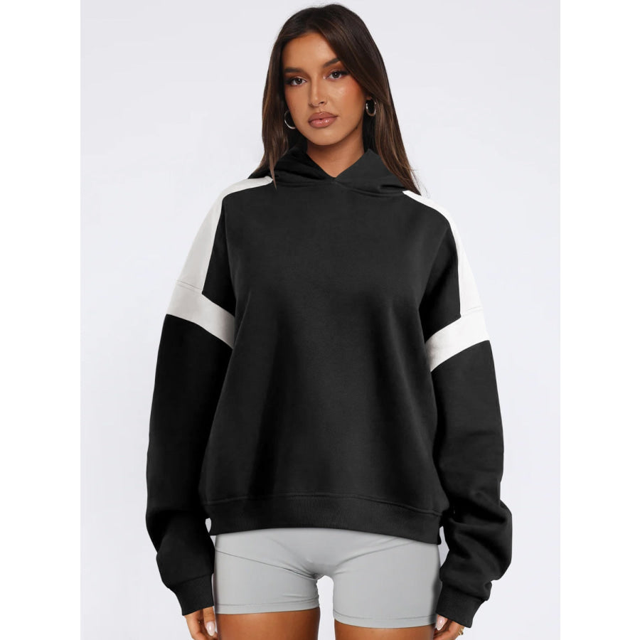 Contrast Dropped Shoulder Long Sleeve Hoodie Black / S Apparel and Accessories