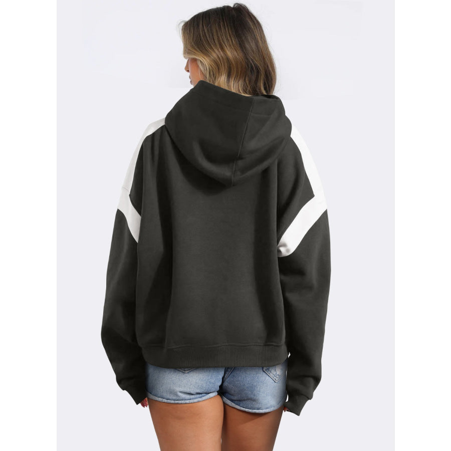 Contrast Dropped Shoulder Long Sleeve Hoodie Dark Gray / S Apparel and Accessories