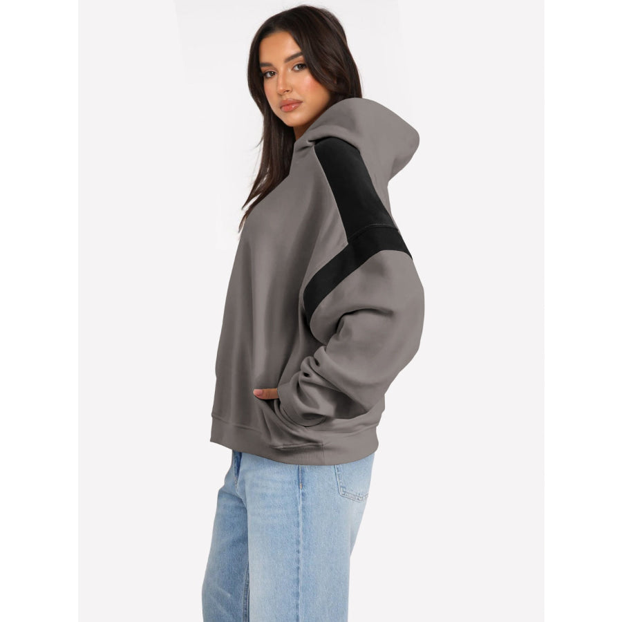 Contrast Dropped Shoulder Long Sleeve Hoodie Light Gray / S Apparel and Accessories