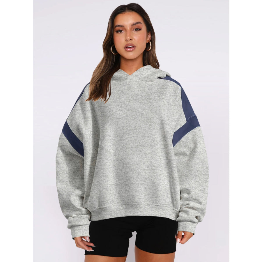 Contrast Dropped Shoulder Long Sleeve Hoodie Mocha / S Apparel and Accessories