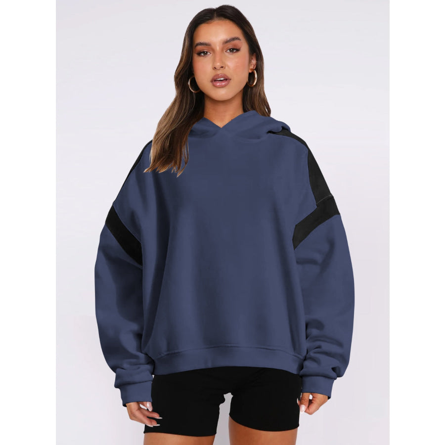 Contrast Dropped Shoulder Long Sleeve Hoodie Peacock Blue / S Apparel and Accessories