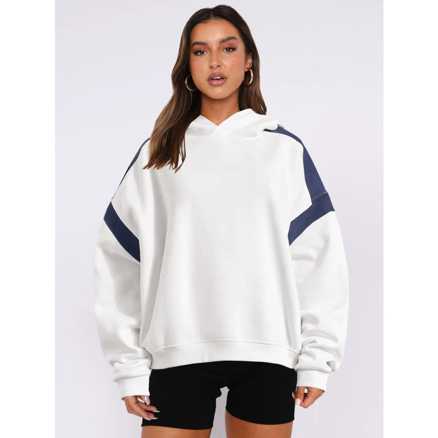 Contrast Dropped Shoulder Long Sleeve Hoodie White / S Apparel and Accessories