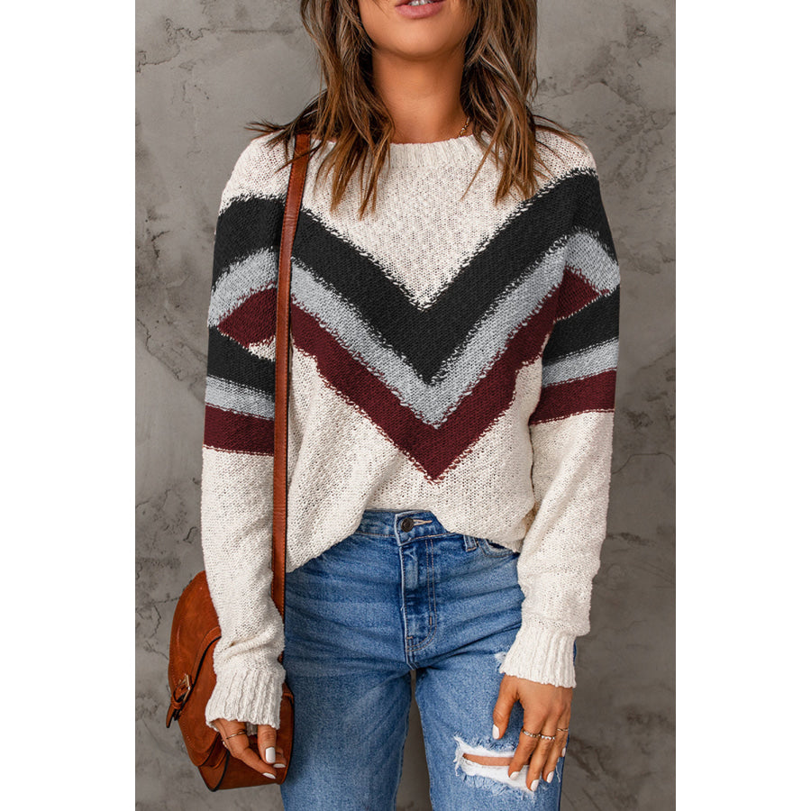 Contrast Dropped Shoulder Long Sleeve Sweater Apparel and Accessories