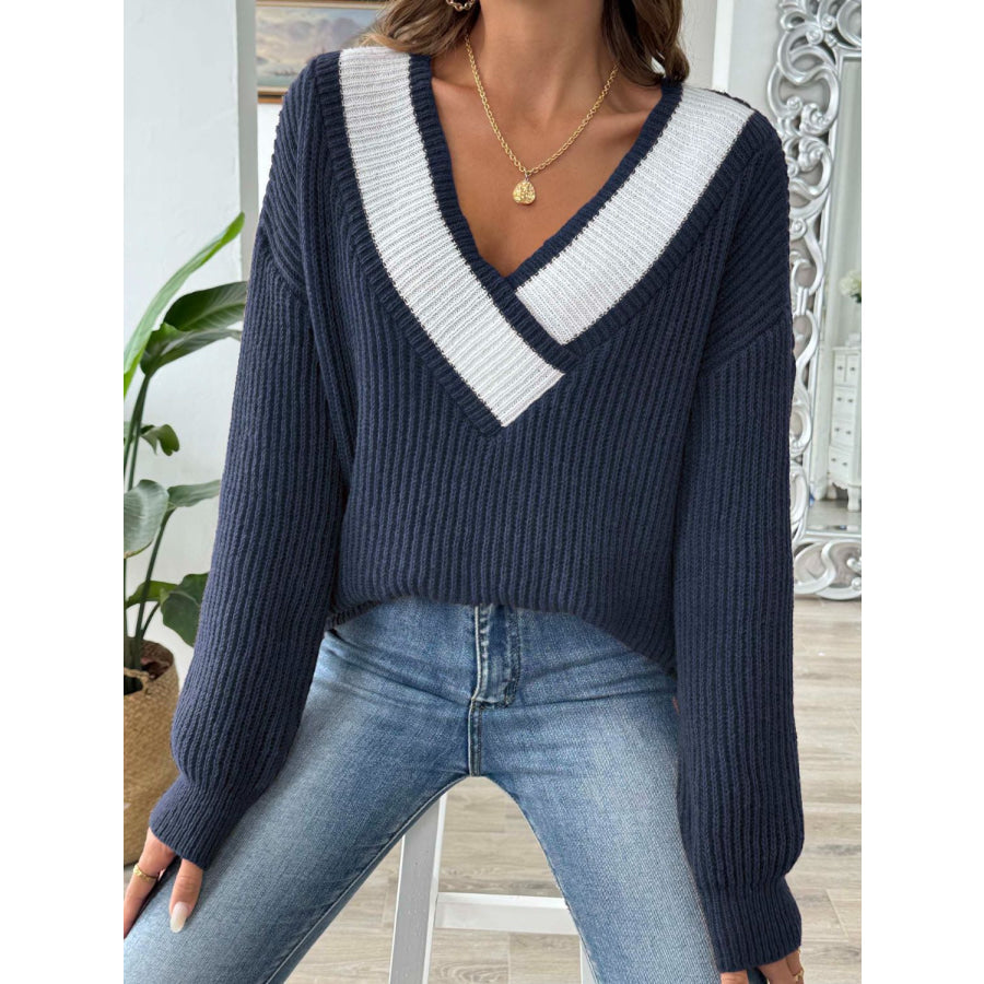 Contrast Dropped Shoulder Long Sleeve Sweater Apparel and Accessories