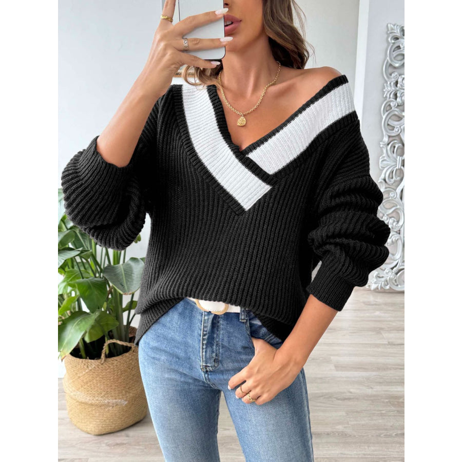 Contrast Dropped Shoulder Long Sleeve Sweater Apparel and Accessories