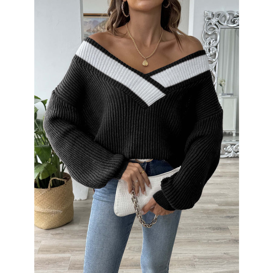 Contrast Dropped Shoulder Long Sleeve Sweater Black / S Apparel and Accessories