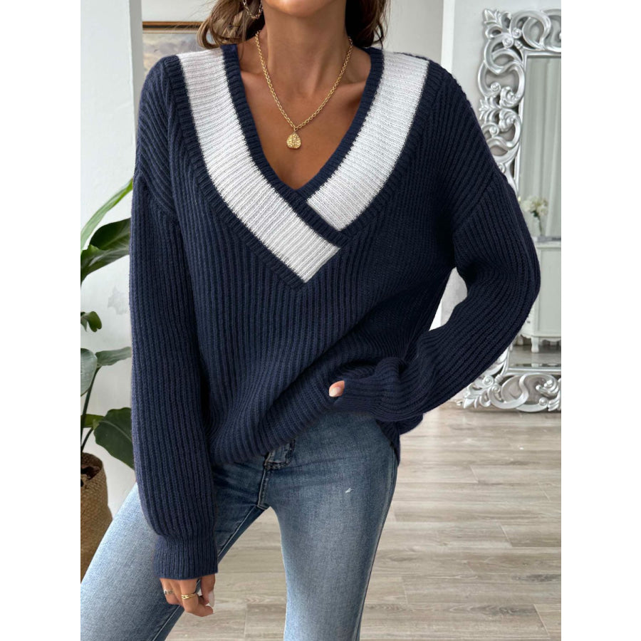 Contrast Dropped Shoulder Long Sleeve Sweater Dark Navy / S Apparel and Accessories