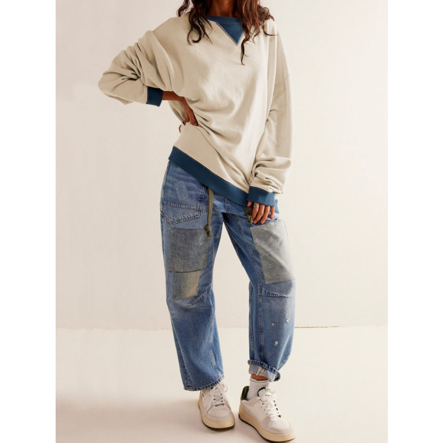 Contrast Dropped Shoulder Long Sleeve Sweatshirt Apparel and Accessories