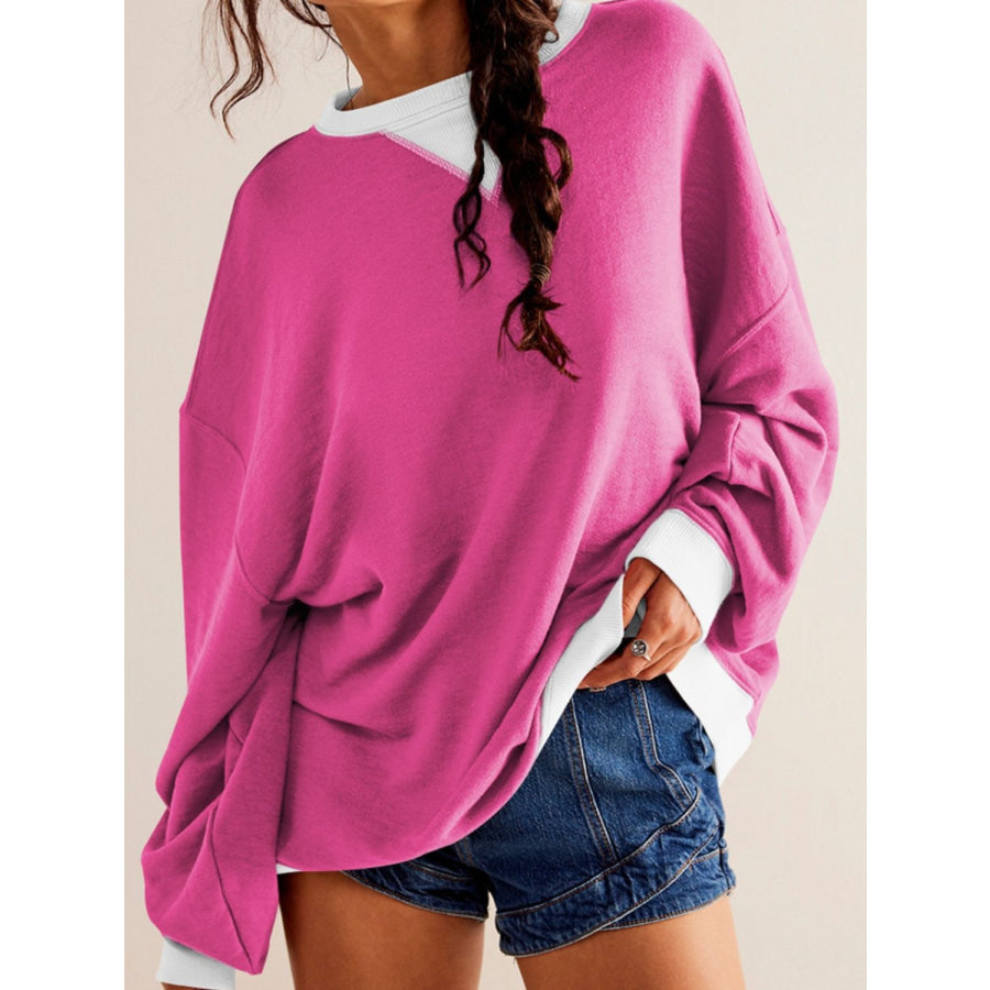 Contrast Dropped Shoulder Long Sleeve Sweatshirt Deep Rose / S Apparel and Accessories