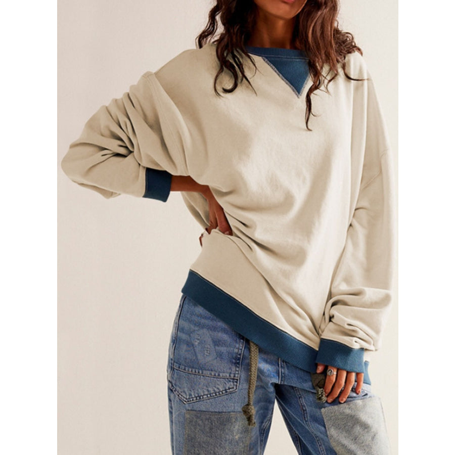 Contrast Dropped Shoulder Long Sleeve Sweatshirt Dust Storm / S Apparel and Accessories