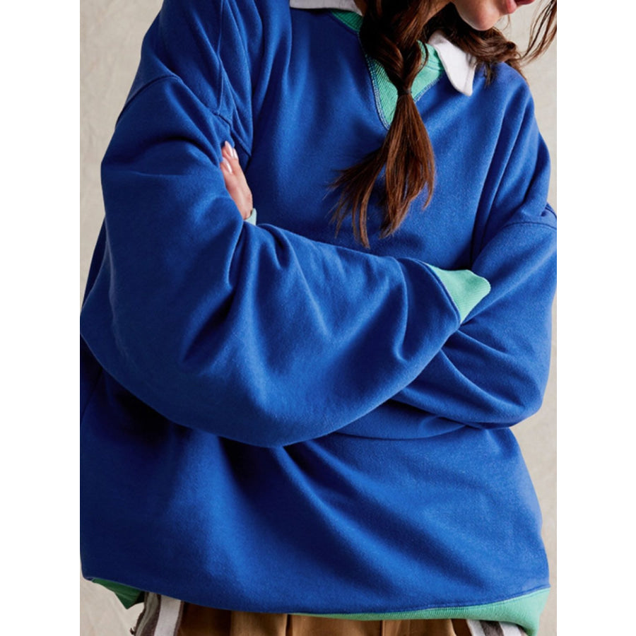 Contrast Dropped Shoulder Long Sleeve Sweatshirt Royal Blue / S Apparel and Accessories