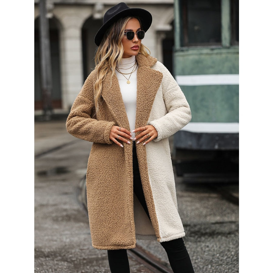 Contrast Dropped Shoulder Sherpa Coat Camel / S