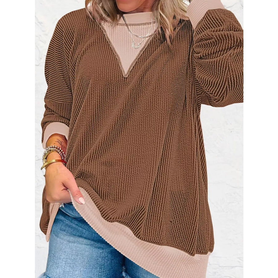 Contrast Dropped Shoulder Sweatshirt Brown / S Apparel and Accessories
