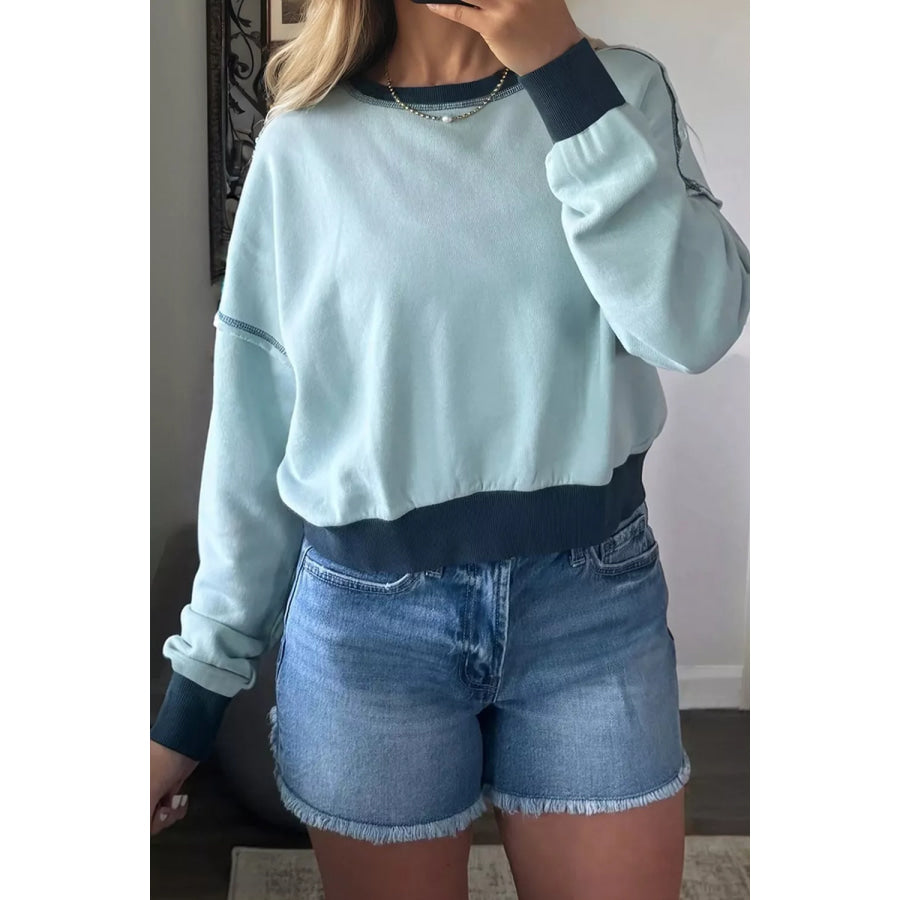 Contrast Edge Colorblock Patchwork Crop Sweatshirt Pastel Blue / S Apparel and Accessories