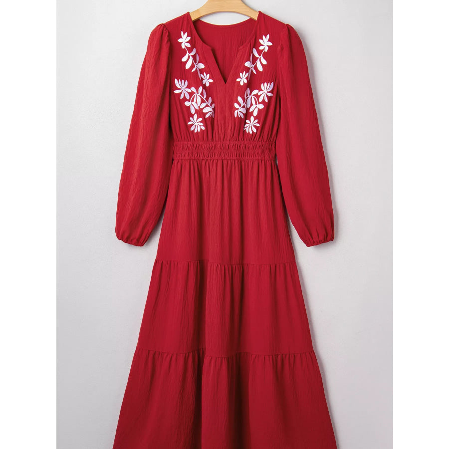 Contrast Embroidered Detail Cinched Waist Tiered Long Sleeve Maxi Dress Apparel and Accessories