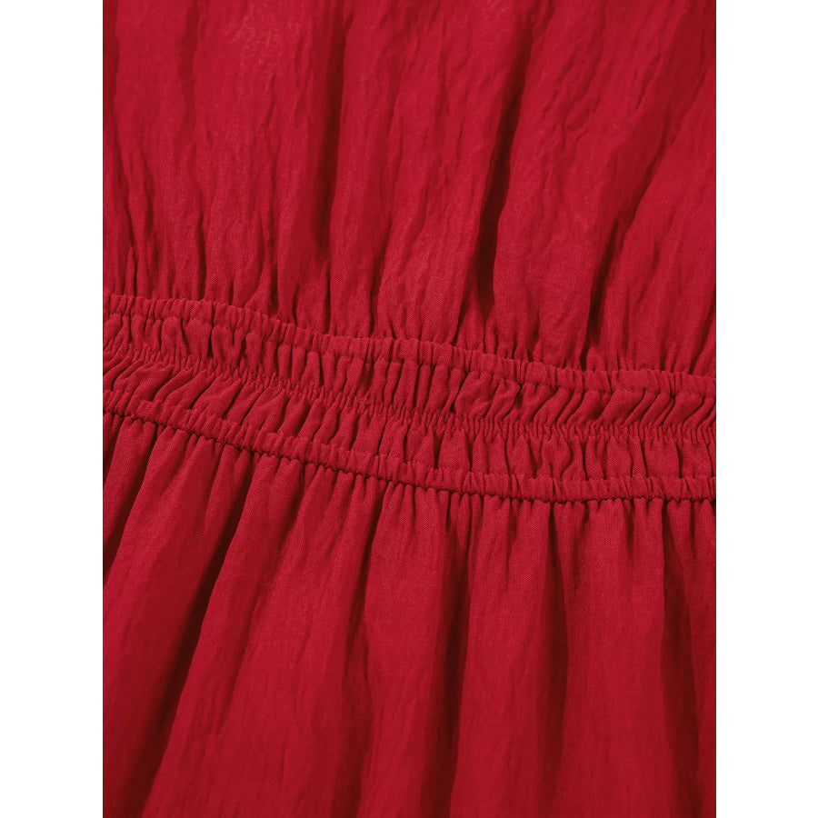 Contrast Embroidered Detail Cinched Waist Tiered Long Sleeve Maxi Dress Apparel and Accessories
