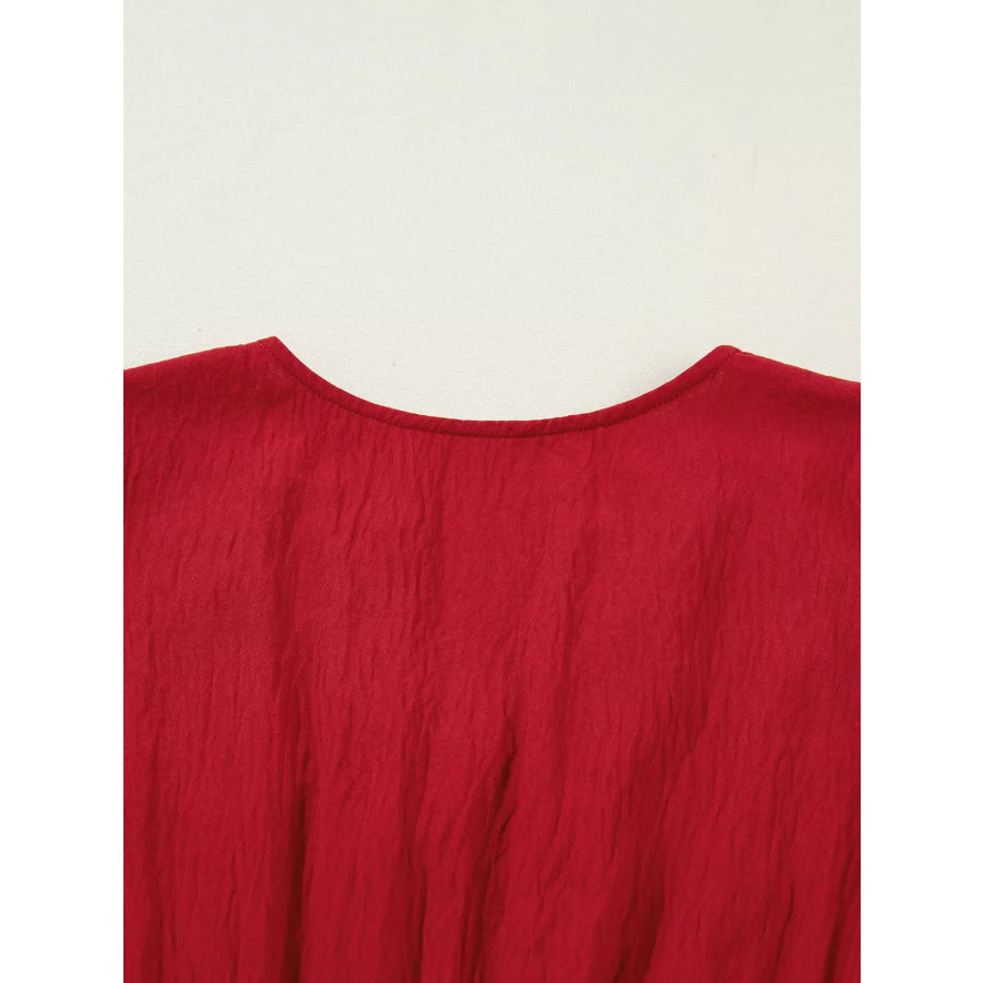 Contrast Embroidered Detail Cinched Waist Tiered Long Sleeve Maxi Dress Apparel and Accessories
