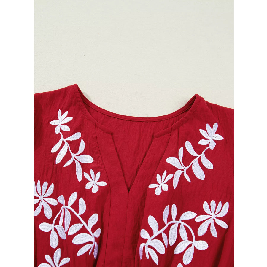 Contrast Embroidered Detail Cinched Waist Tiered Long Sleeve Maxi Dress Apparel and Accessories