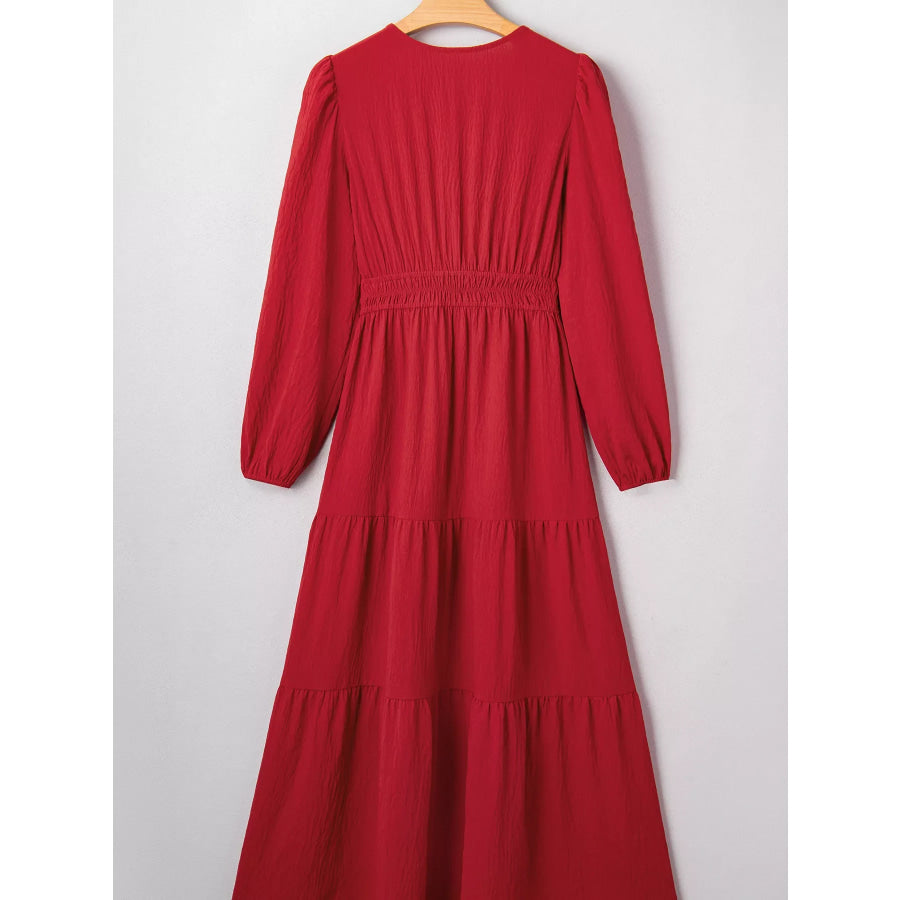 Contrast Embroidered Detail Cinched Waist Tiered Long Sleeve Maxi Dress Apparel and Accessories