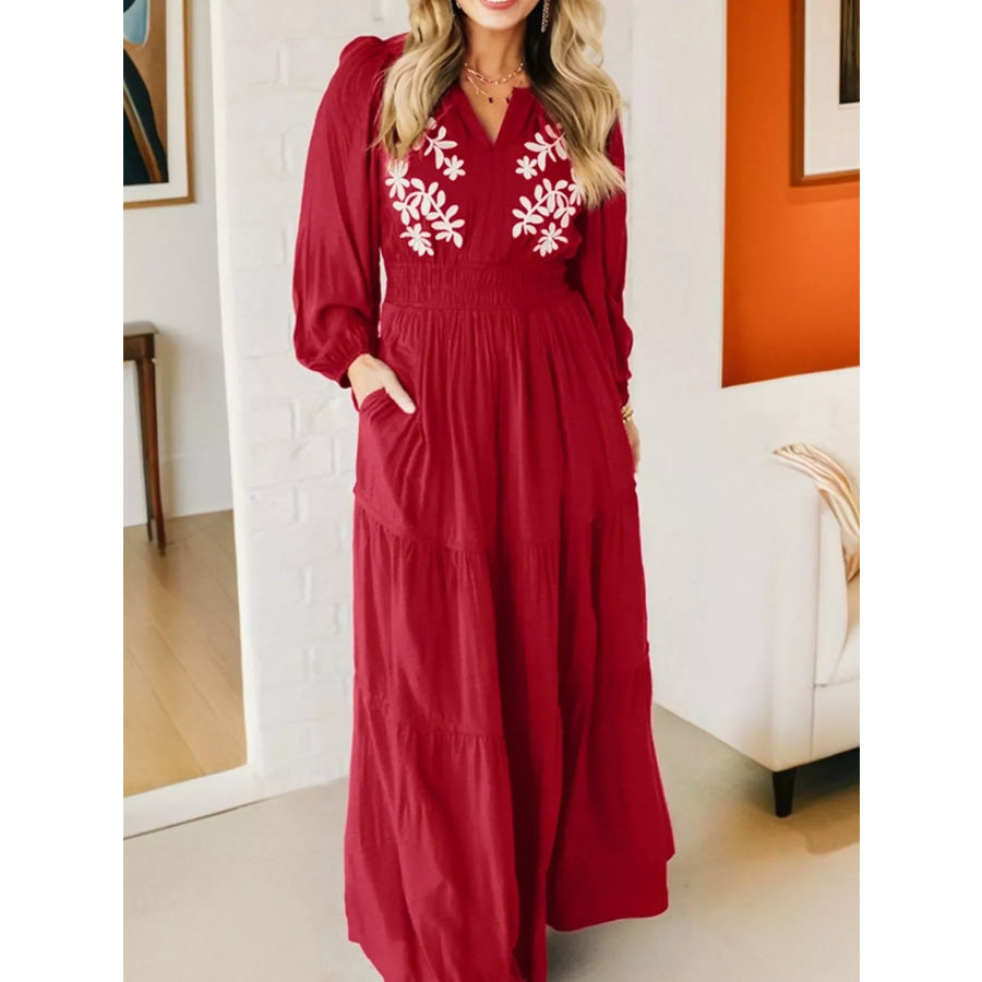 Contrast Embroidered Detail Cinched Waist Tiered Long Sleeve Maxi Dress Apparel and Accessories