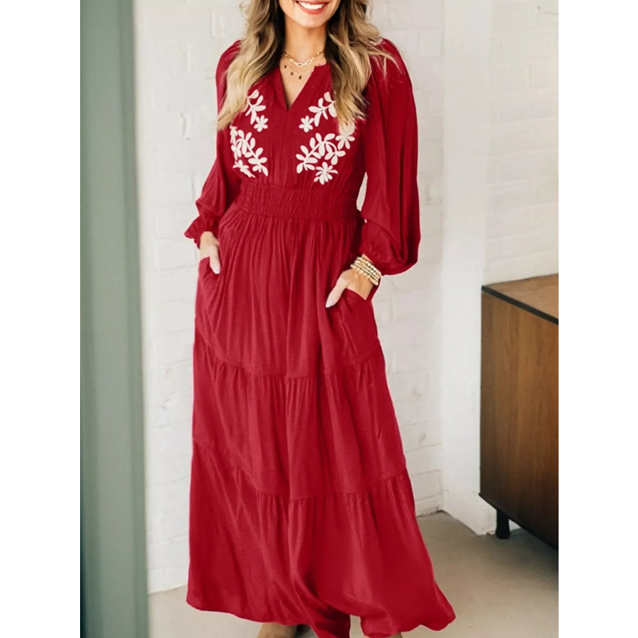 Contrast Embroidered Detail Cinched Waist Tiered Long Sleeve Maxi Dress Rust / S Apparel and Accessories