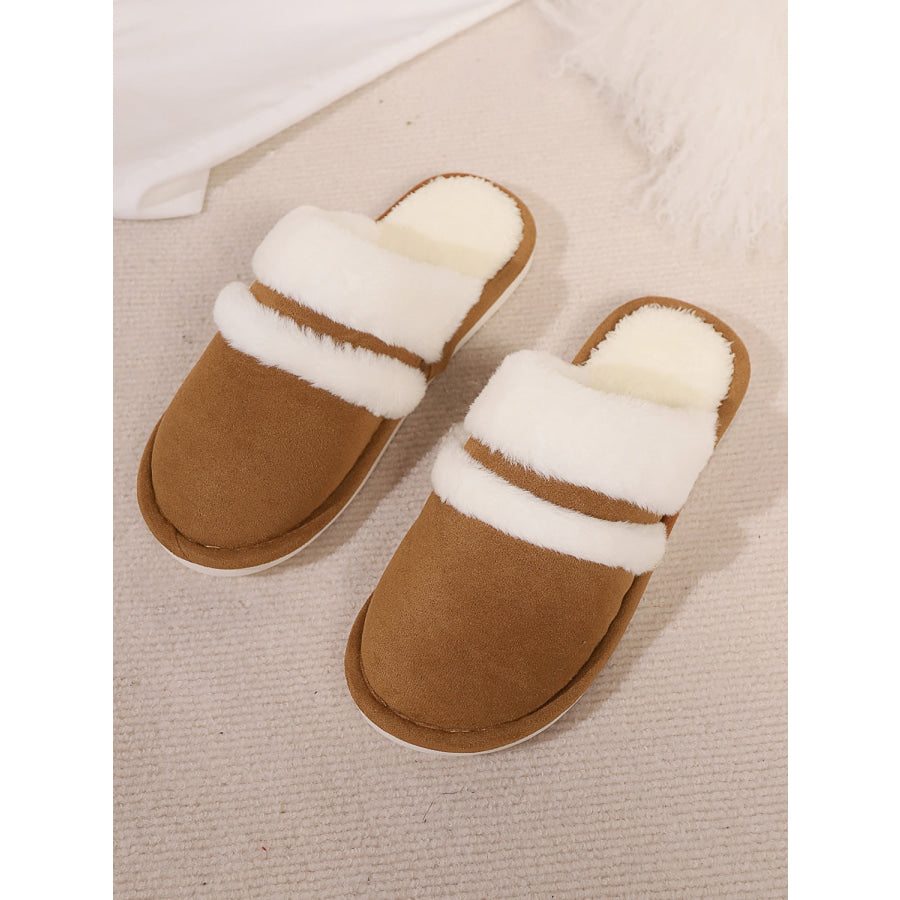 Contrast Faux Fur Round Toe Slippers Apparel and Accessories