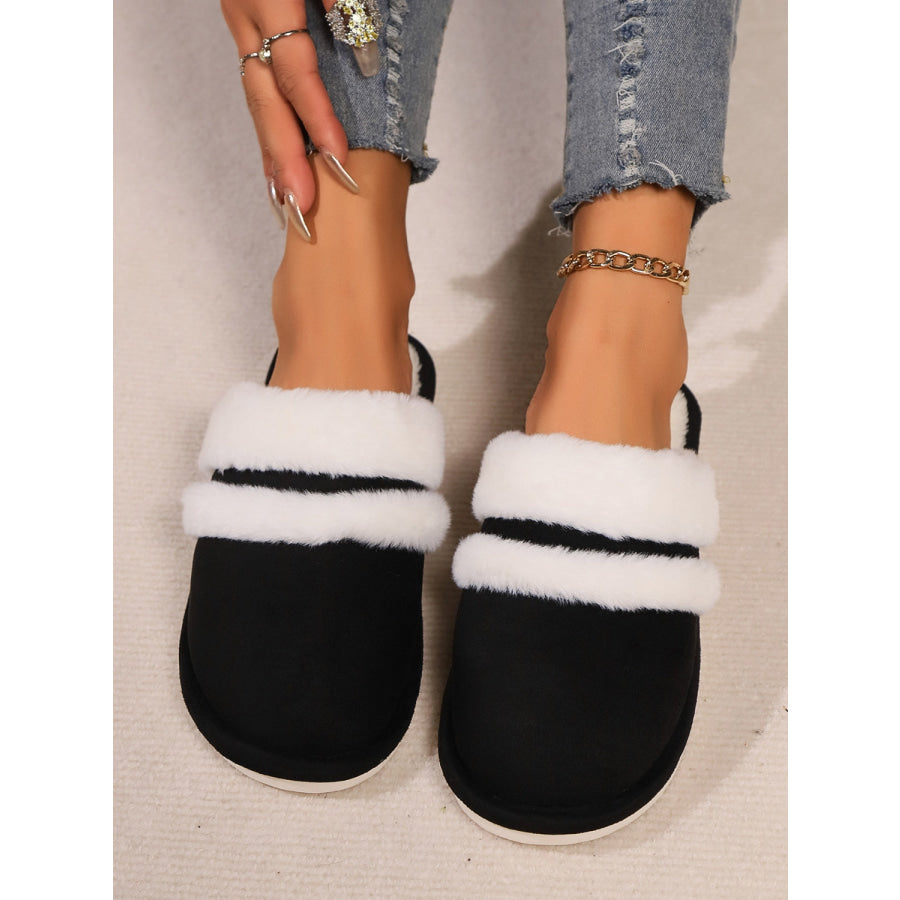 Contrast Faux Fur Round Toe Slippers Apparel and Accessories