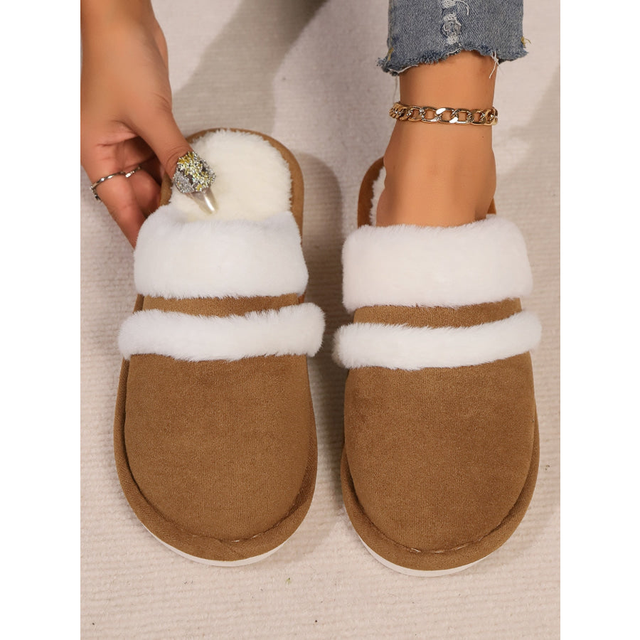 Contrast Faux Fur Round Toe Slippers Apparel and Accessories