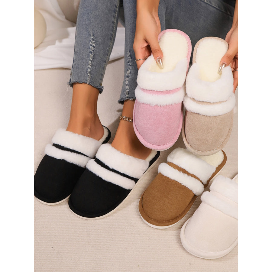 Contrast Faux Fur Round Toe Slippers Apparel and Accessories