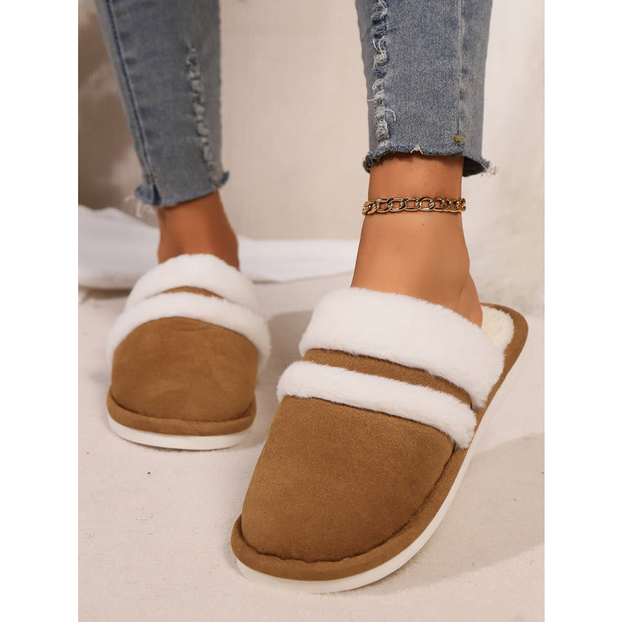 Contrast Faux Fur Round Toe Slippers Apparel and Accessories