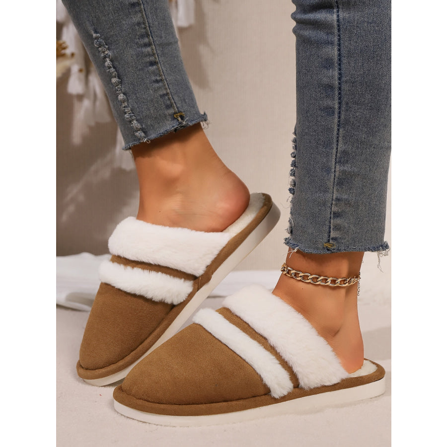 Contrast Faux Fur Round Toe Slippers Camel / 36-37(US5-6) Apparel and Accessories