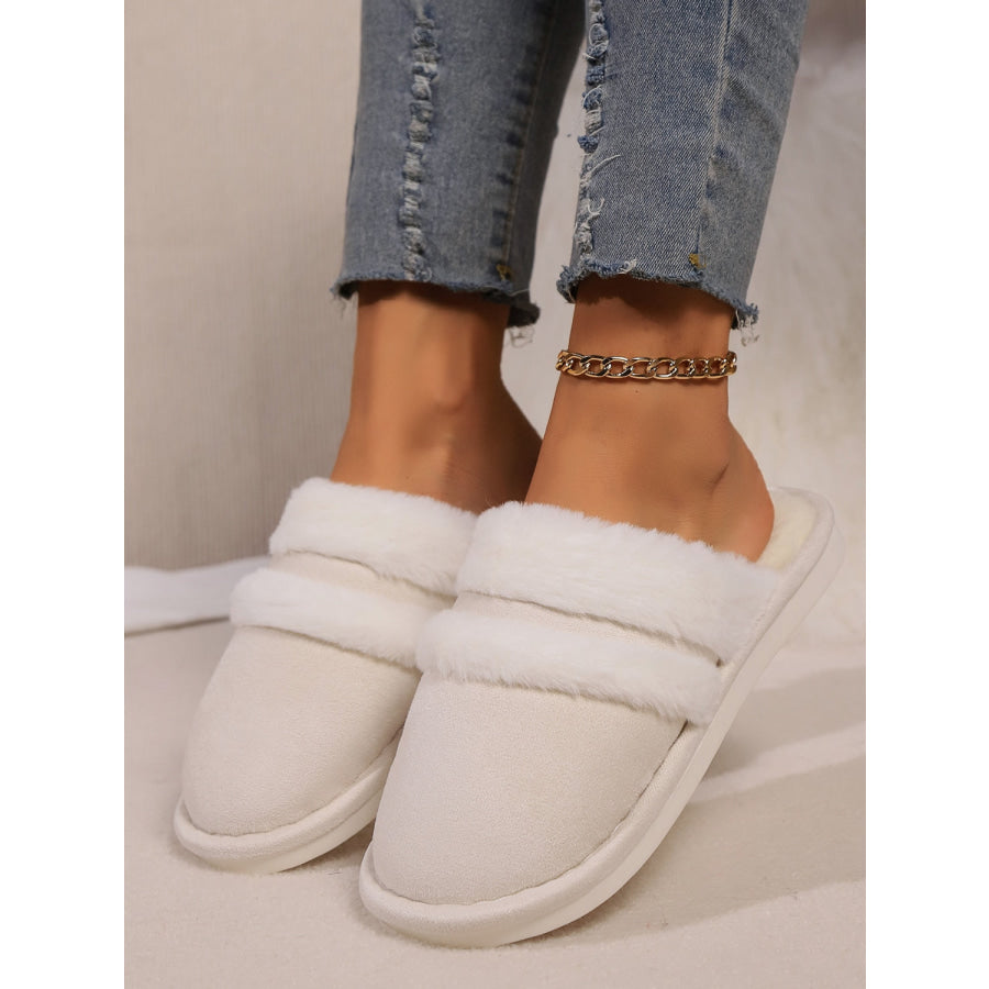 Contrast Faux Fur Round Toe Slippers Cream / 36-37(US5-6) Apparel and Accessories