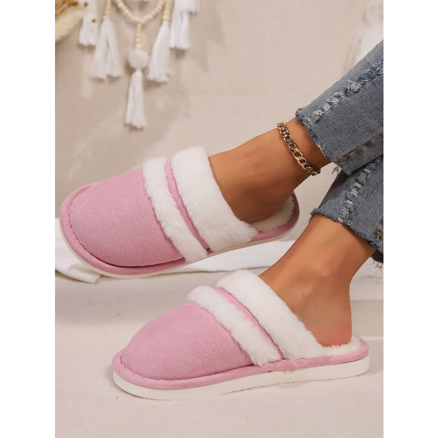 Contrast Faux Fur Round Toe Slippers Fuchsia Pink / 36-37(US5-6) Apparel and Accessories