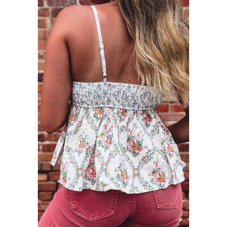 Contrast Floral Printed Patchwork Spaghetti Straps Babydoll Top Apparel and Accessories