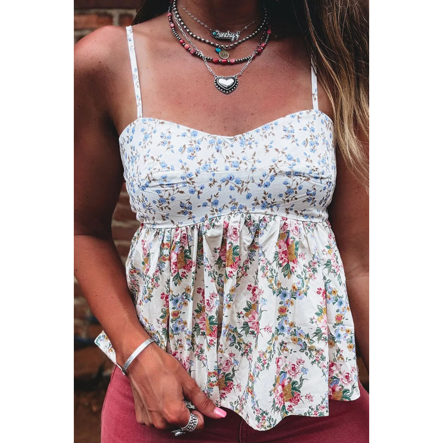 Contrast Floral Printed Patchwork Spaghetti Straps Babydoll Top Floral / S Apparel and Accessories