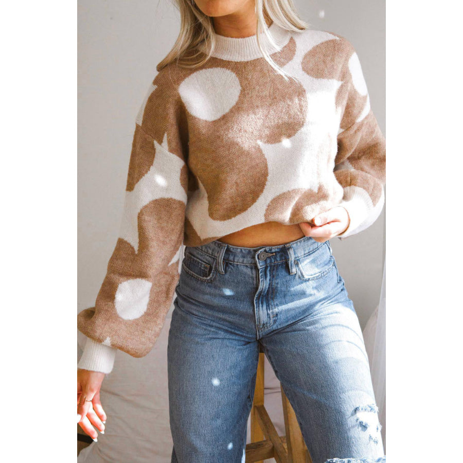 Contrast Flower Mock Neck Long Sleeve Sweater Tan / S Apparel and Accessories