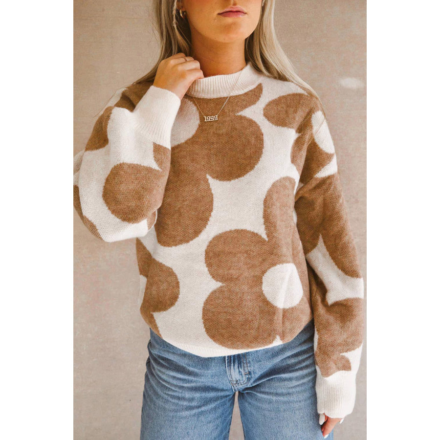 Contrast Flower Mock Neck Long Sleeve Sweater Apparel and Accessories