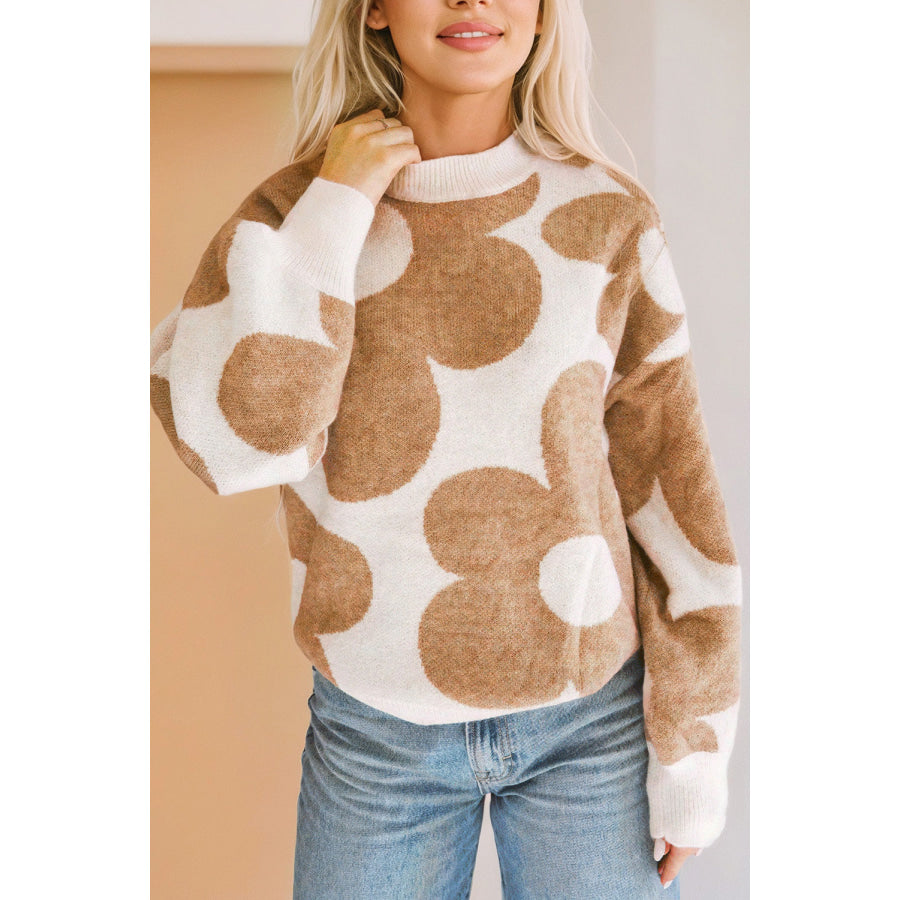 Contrast Flower Mock Neck Long Sleeve Sweater Apparel and Accessories