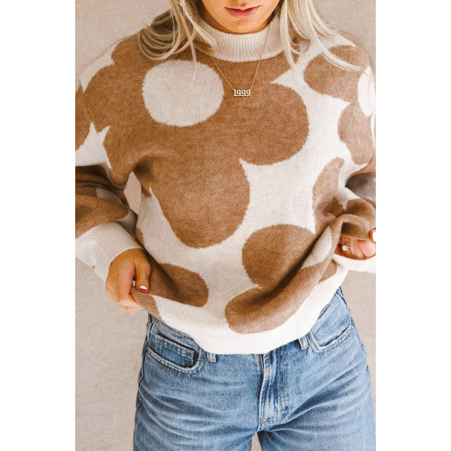 Contrast Flower Mock Neck Long Sleeve Sweater Tan / S Apparel and Accessories