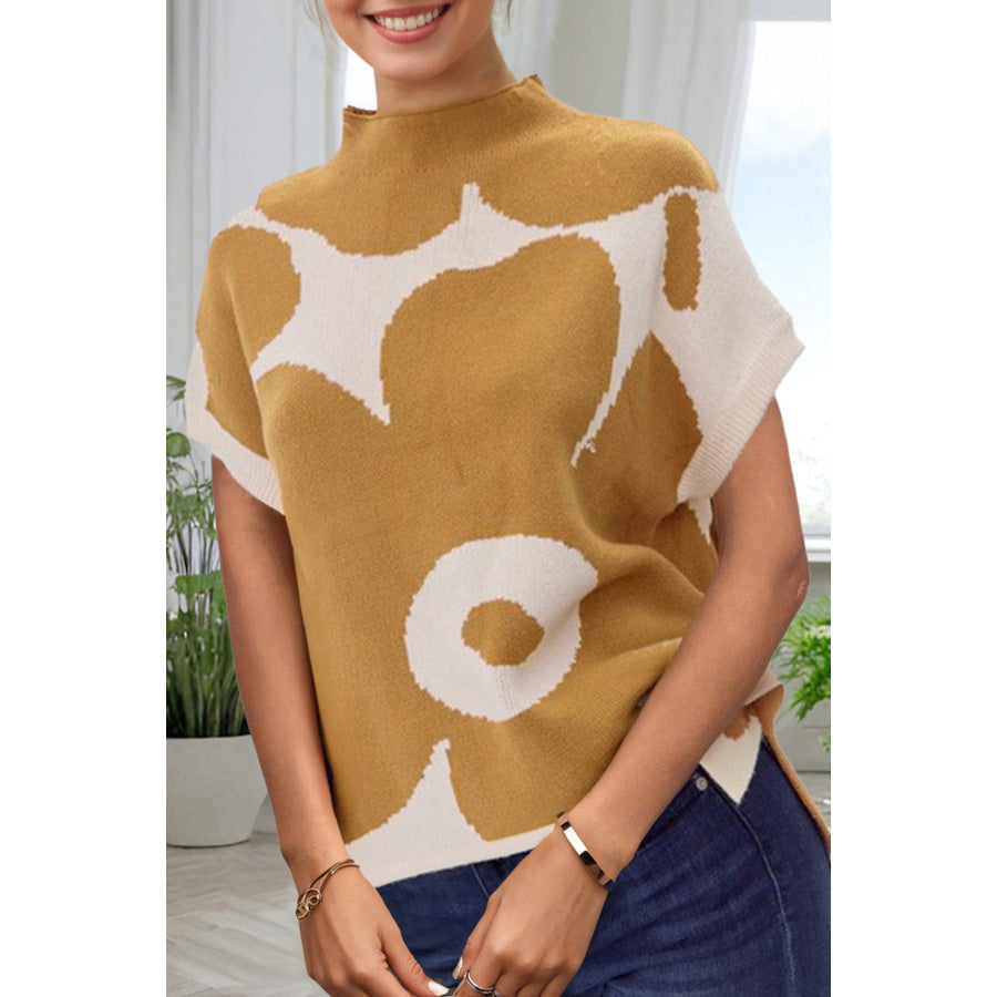 Contrast Flower Mock Neck Short Sleeve Sweater Apparel and Accessories