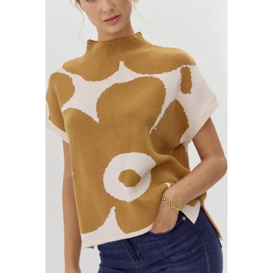 Contrast Flower Mock Neck Short Sleeve Sweater Apparel and Accessories