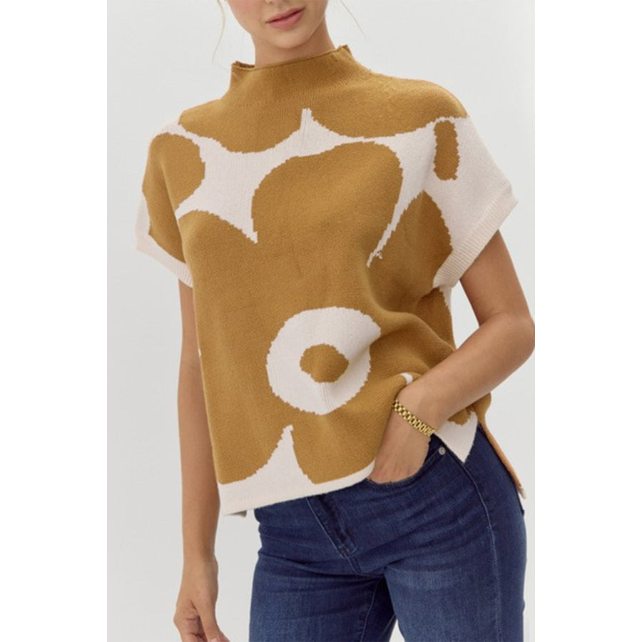 Contrast Flower Mock Neck Short Sleeve Sweater Mustard / S Apparel and Accessories