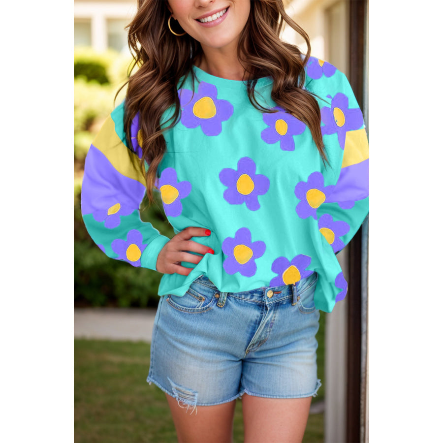 Contrast Flower Round Neck Long Sleeve Blouse Pastel Blue / S Apparel and Accessories