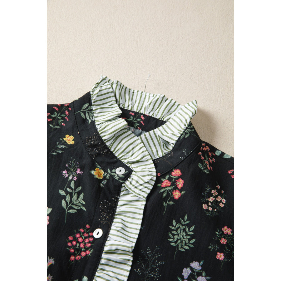 Contrast Frilled Trim Short Sleeve Floral Shirt Apparel and Accessories