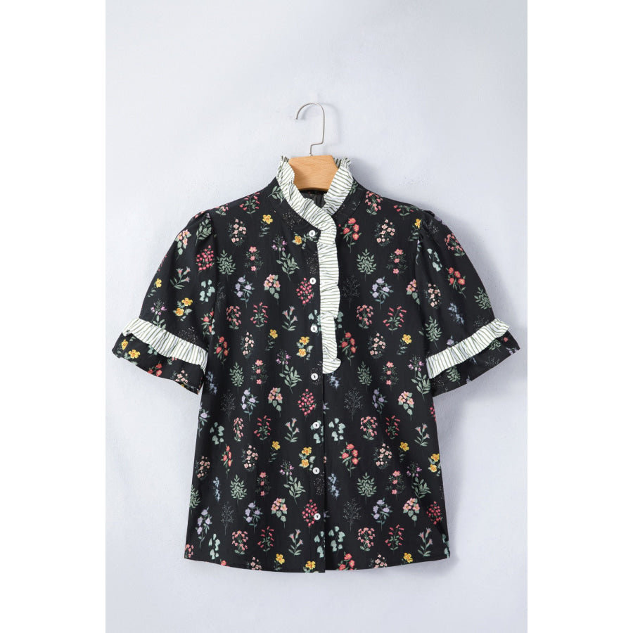 Contrast Frilled Trim Short Sleeve Floral Shirt Apparel and Accessories