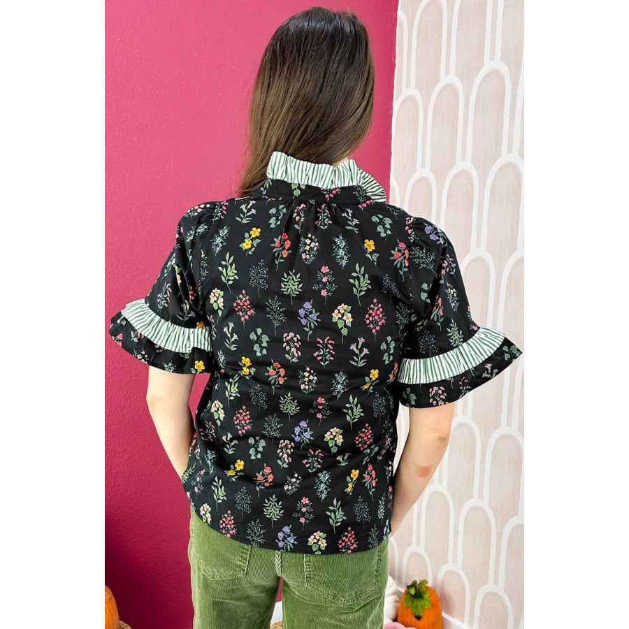 Contrast Frilled Trim Short Sleeve Floral Shirt Apparel and Accessories
