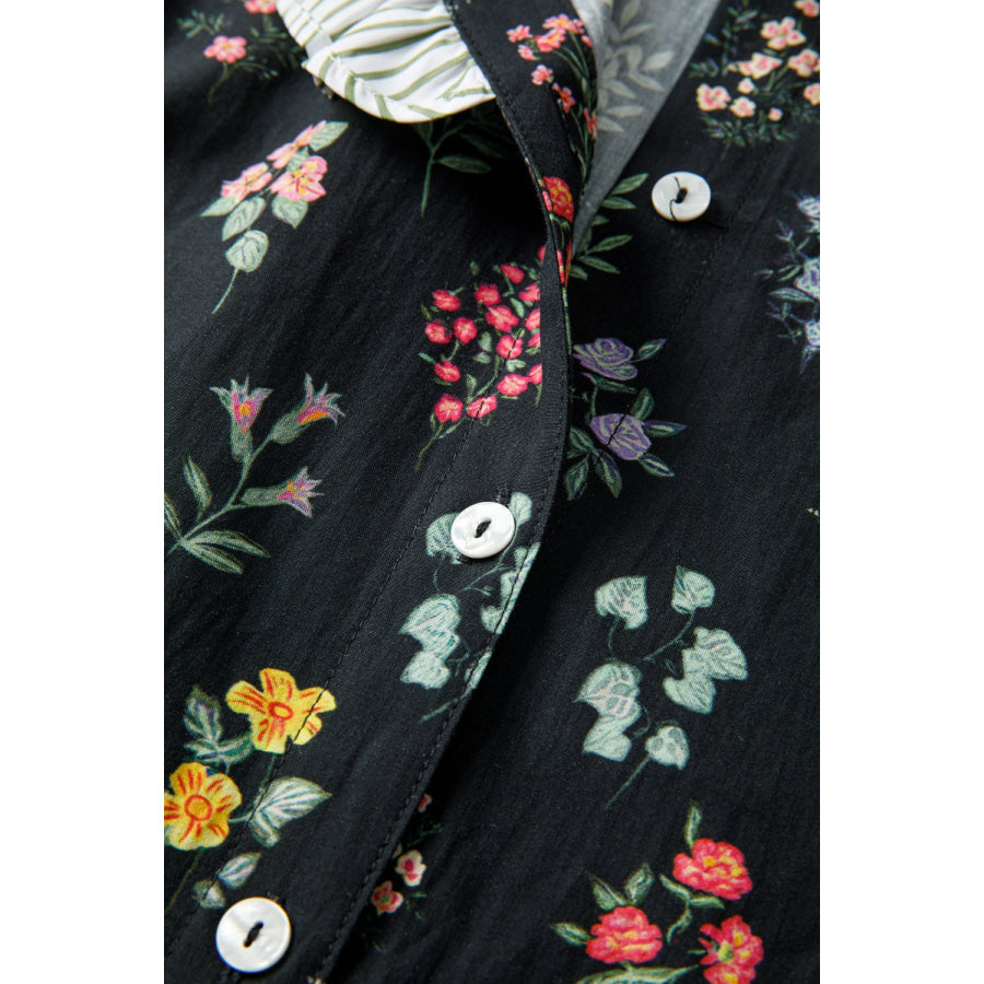 Contrast Frilled Trim Short Sleeve Floral Shirt Apparel and Accessories