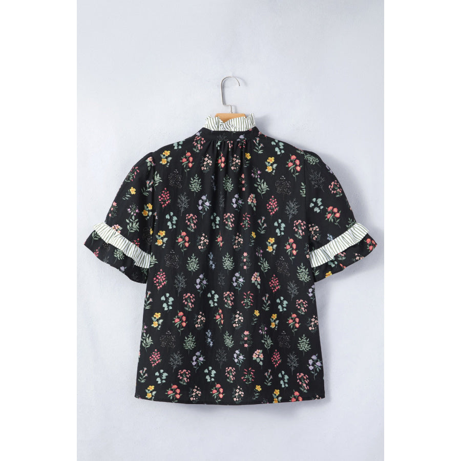 Contrast Frilled Trim Short Sleeve Floral Shirt Apparel and Accessories