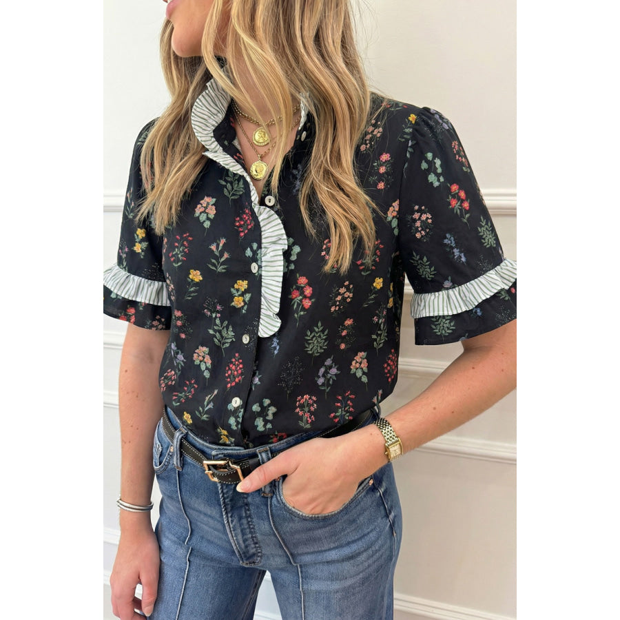 Contrast Frilled Trim Short Sleeve Floral Shirt Black / M Apparel and Accessories